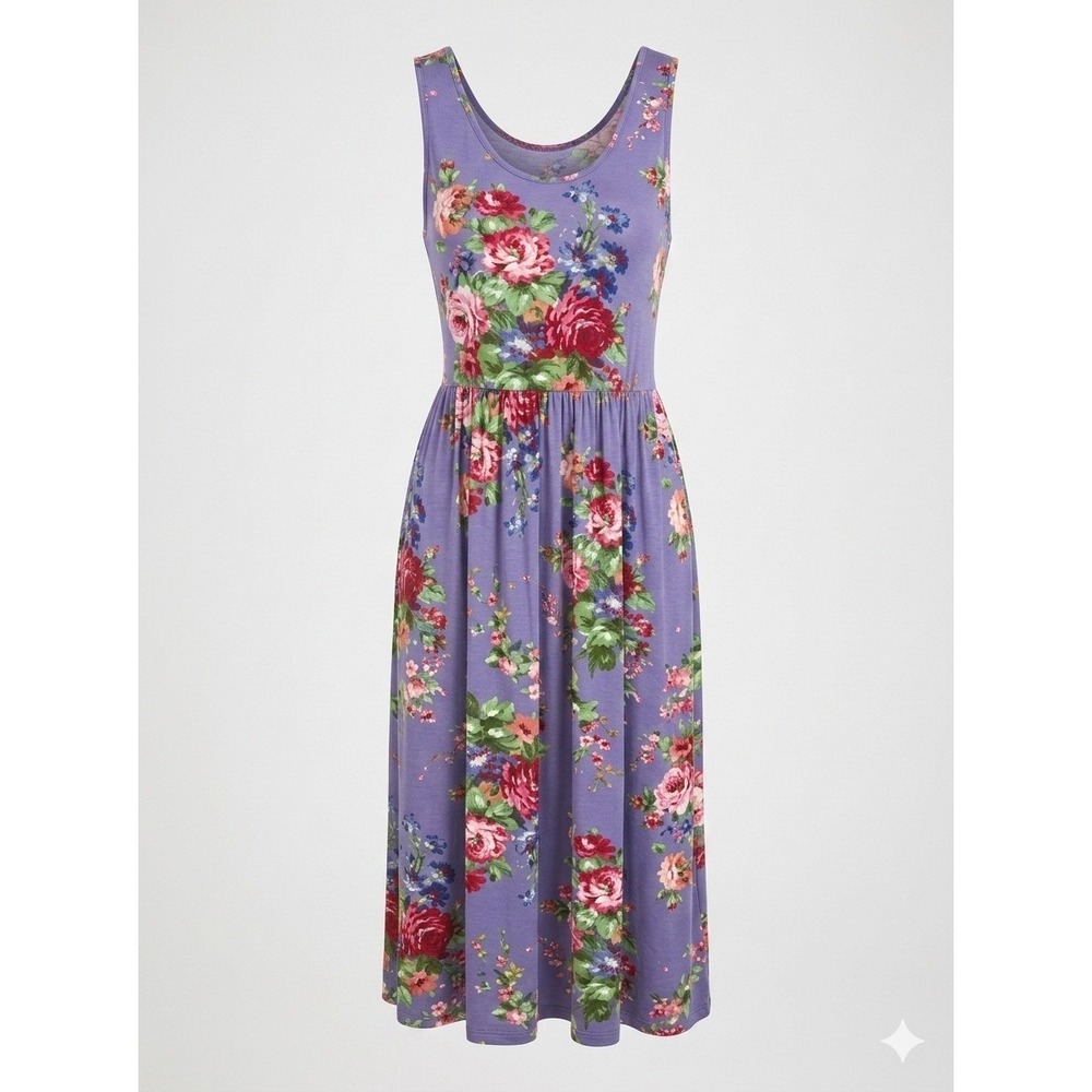 April Cornell Purple Floral Stretch Tank Maxi Dress XL Pockets Tie Back Cottage